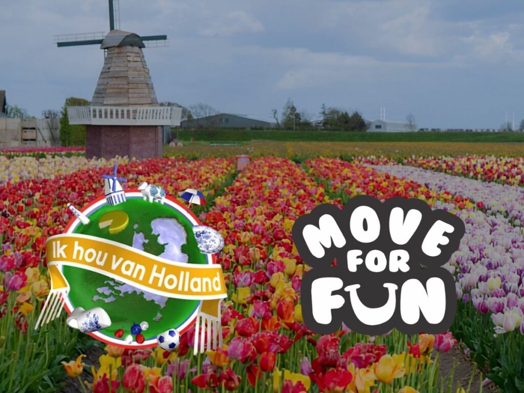 Ik Hou van Holland teamuitje in Hollandse sfeer met tulpenveld en molen als binnen personeelsuitje van Move For Fun